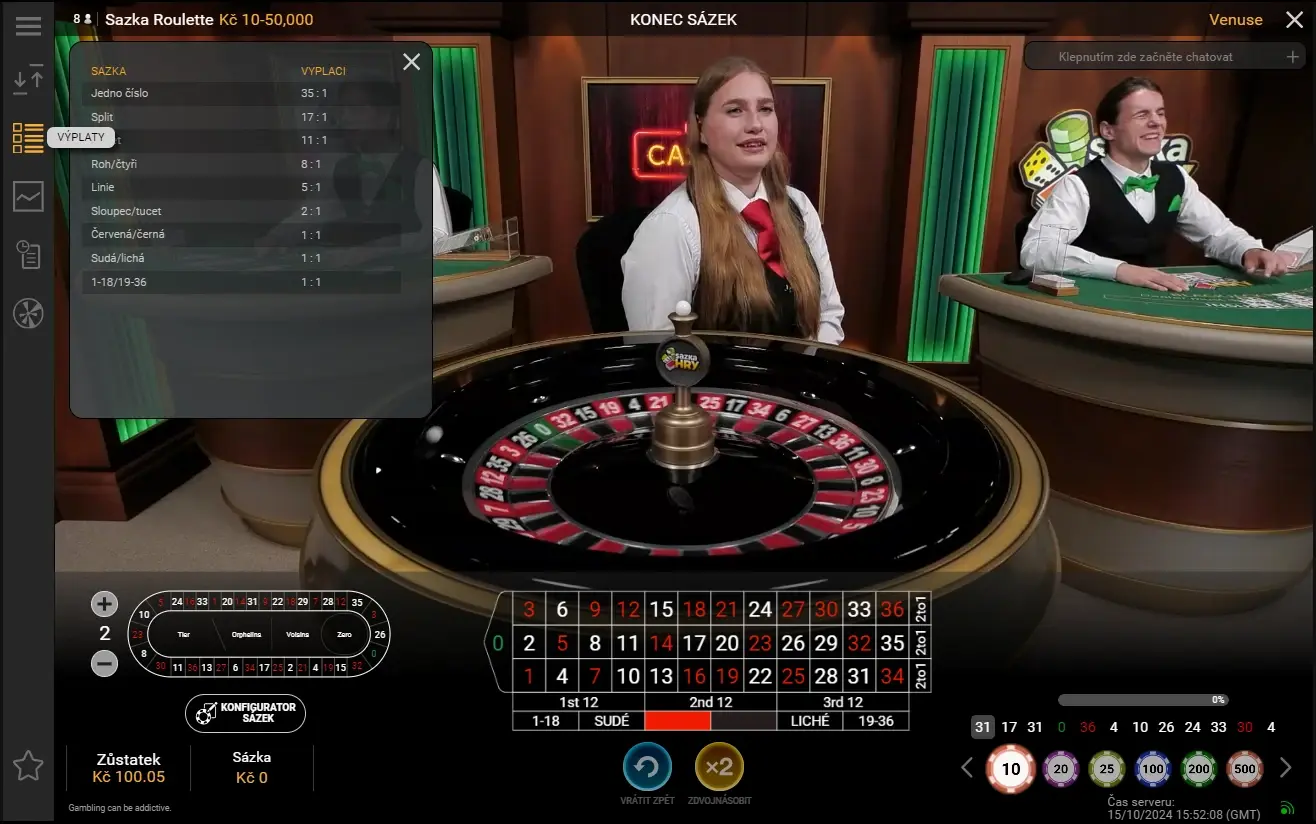 Online live ruleta – krupiérka, výplatní tabulka a interaktivní herní rozhraní Živá ruleta s krupiérkou ve studiu, přehled sázek a výplat na obrazovce